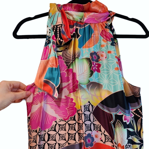 *NWT* Trina Turk 100% Silk Multicolored Tie-Neck Scarf Midi Dress - Picture 3 of 12